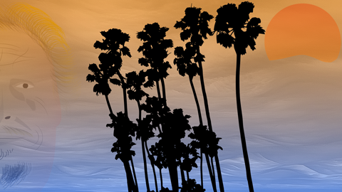 Sketch of hans with palm trees, waves, and sunset
